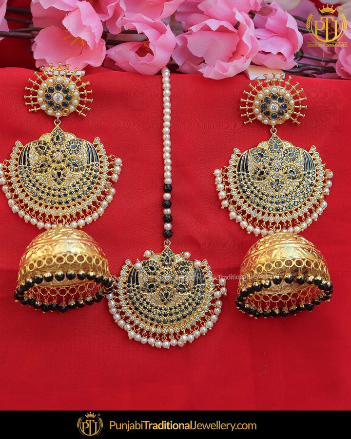 Gold Finished Blue/Black Pearl Jadau Jhumki Earring Tikka Set  | Punjabi Traditional Jewellery Exclusive