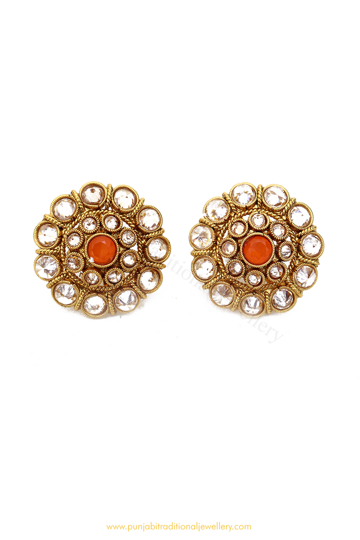 Antique Gold Finished Orange Polki Studs By PTJ