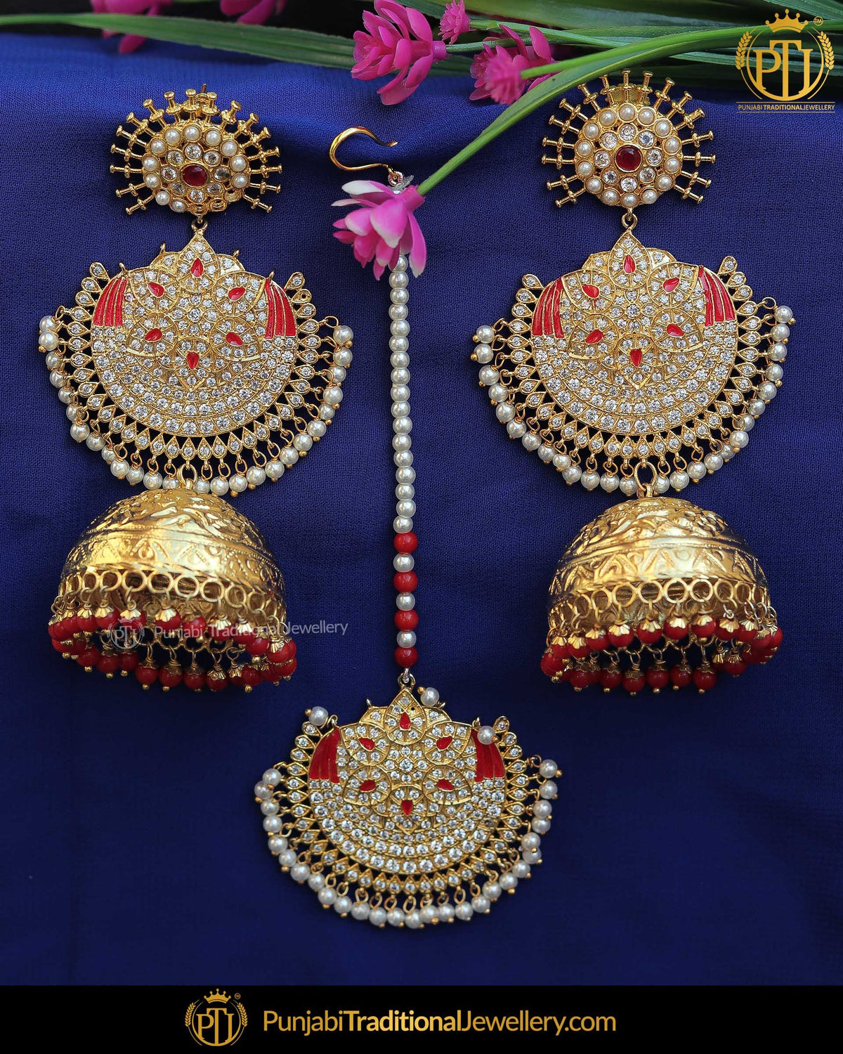 Gold Finished Red Pearl Jadau Jhumki Earring Tikka Set  | Punjabi Traditional Jewellery Exclusive