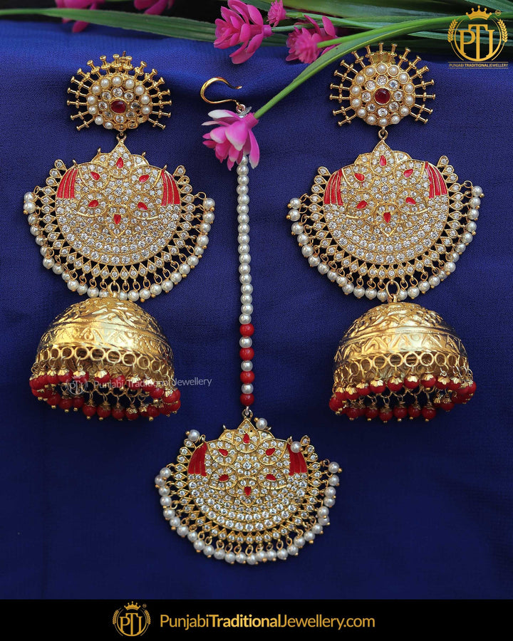 Gold Finished Red Pearl Jadau Jhumki Earring Tikka Set  | Punjabi Traditional Jewellery Exclusive