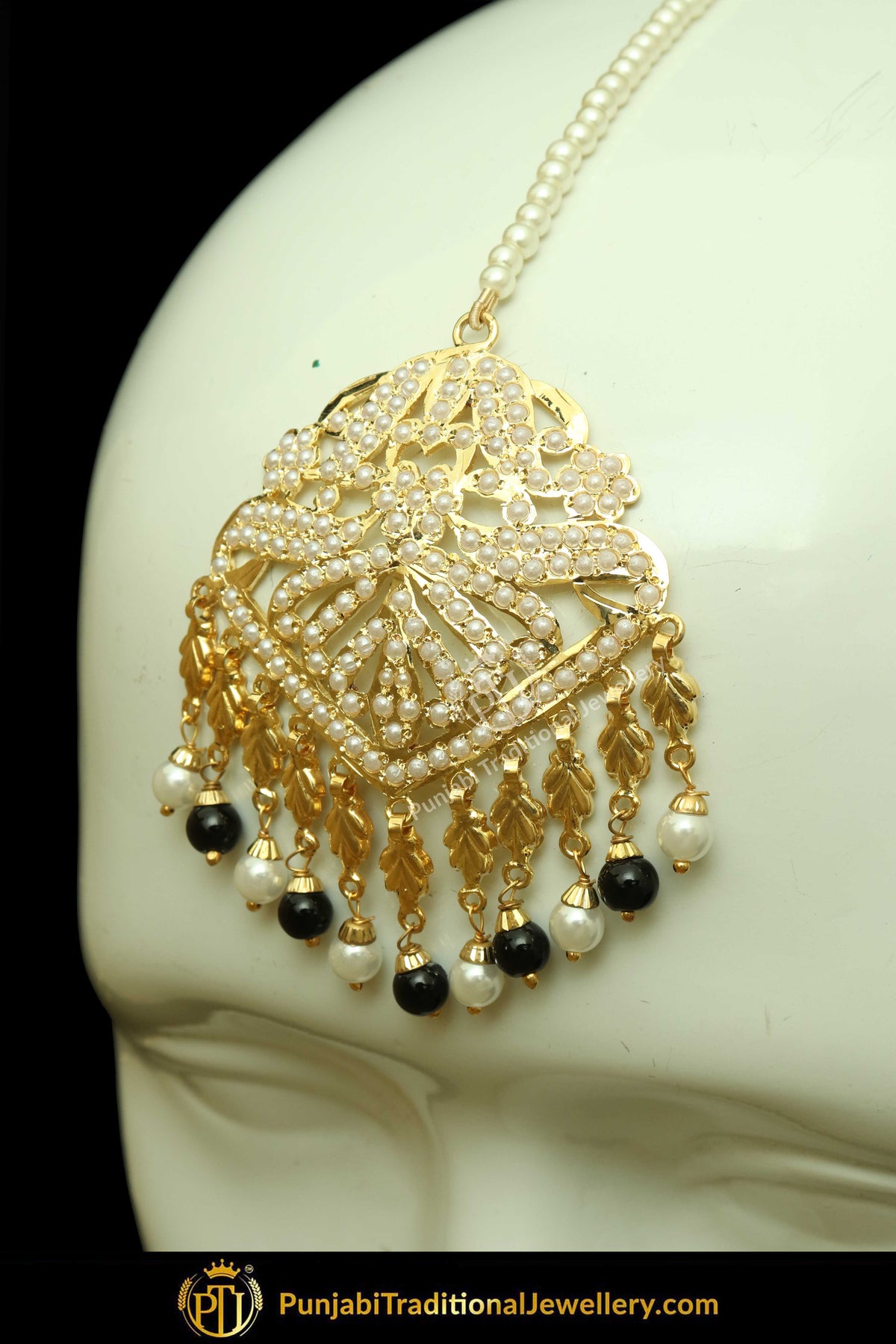 Gold Finished White & Black Jadau Pearl Earring Tikka Set | Punjabi Traditional Jewellery Exclusive