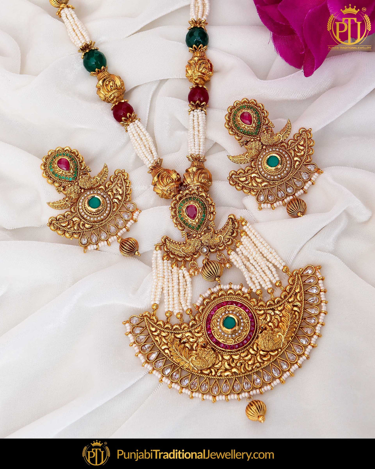 Antique Gold Finished Kundan Stone Rubby Emerald Pearl Johda Necklace Set  | Punjabi Traditional Jewellery Exclusive