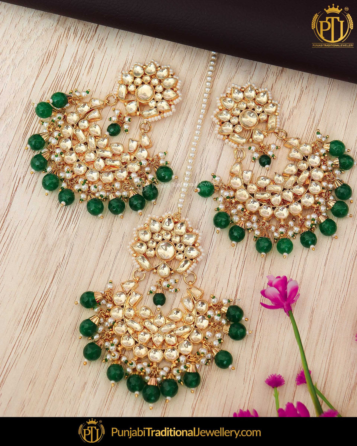 Gold Finished Green Kundan Earring Tikka Set | Punjabi Traditional Jewellery Exclusive