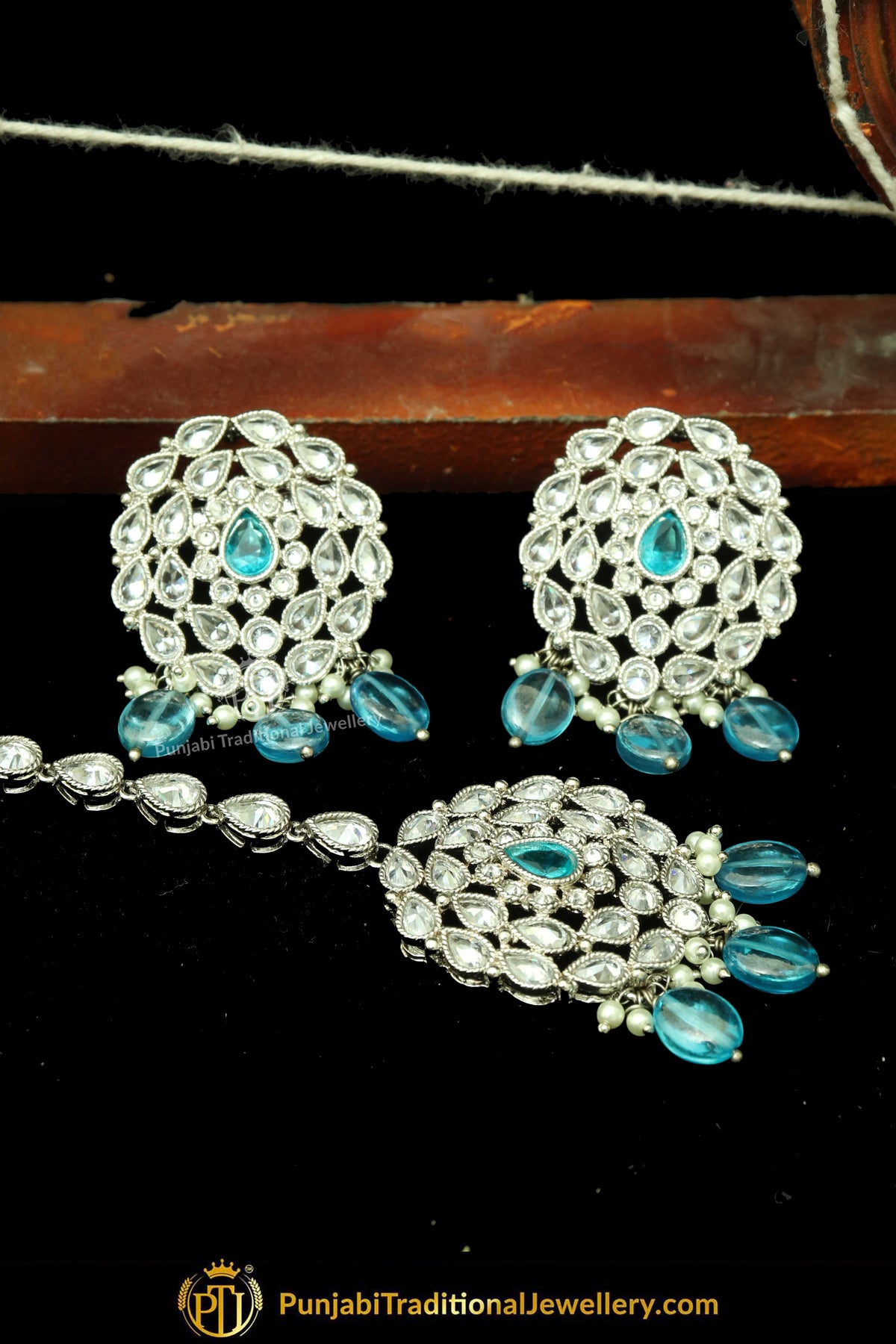 Silver Finished Polki Stone Lite Sky Drops Oversized Stud Earrings & Tikka Set By Punjabi Traditional Jewellery