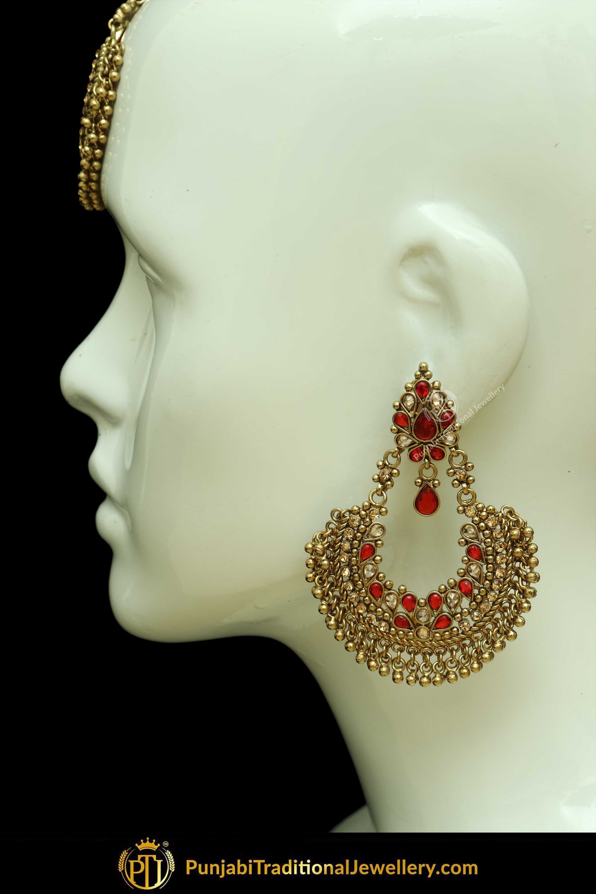 Antique Gold Finised Champagne Stone Red Earring Tikka Set By Punjabi Traditional Jewellery