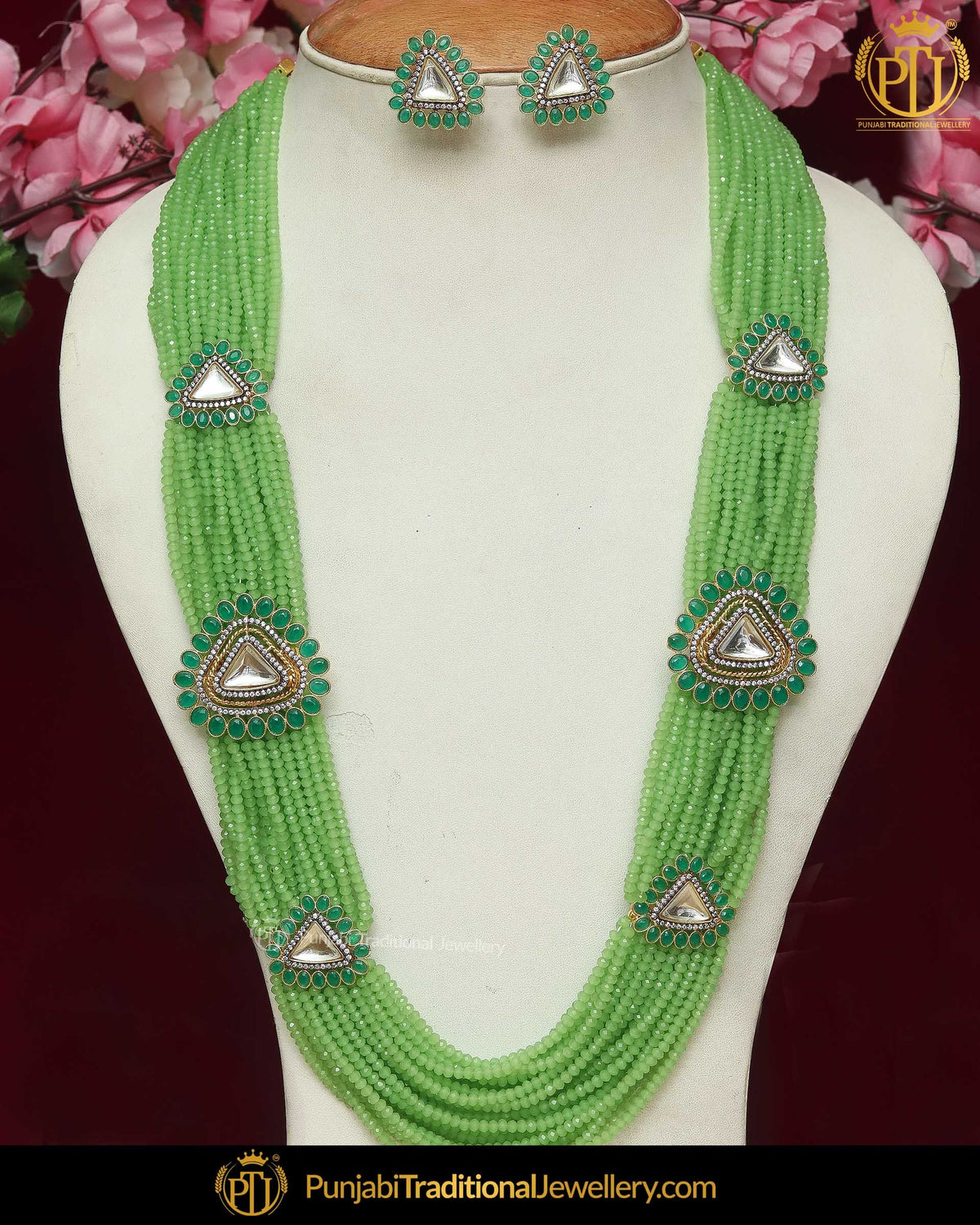 Gold Finished Eamrald Kundan Long Pearl Necklace Set | Punjabi Traditional Jewellery Exclusive