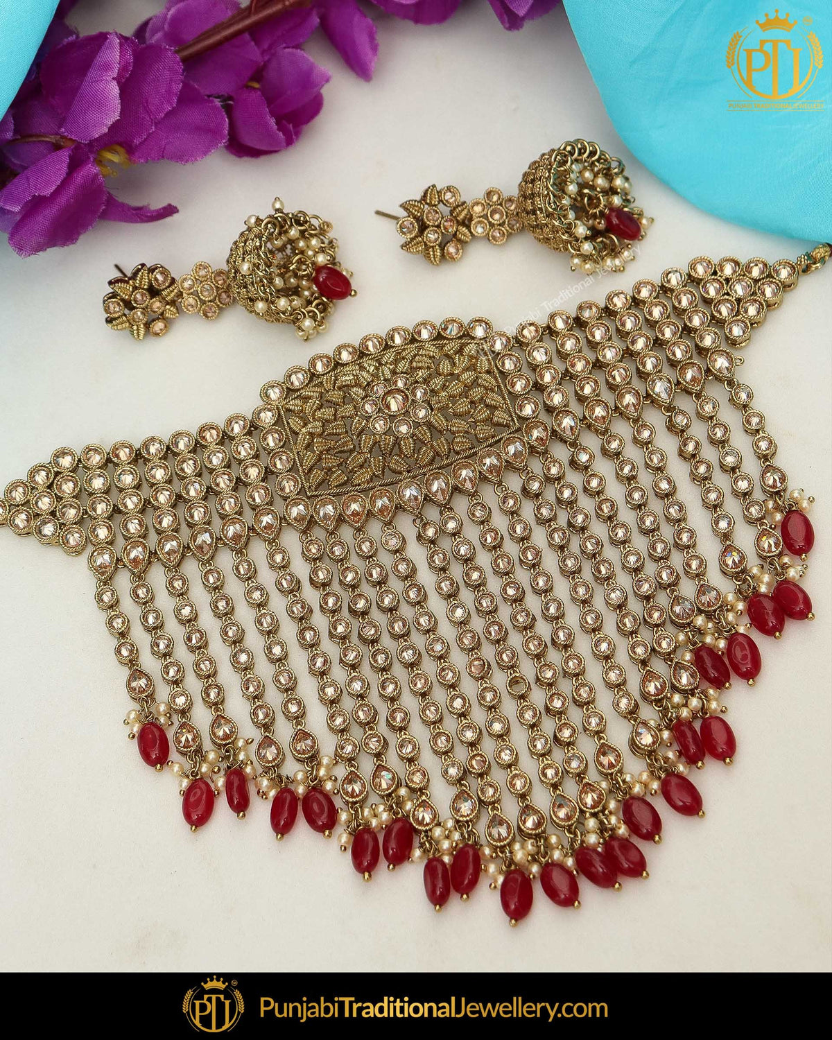 Gold Finished Champagne Stone Pearl Rubby Choker Necklace Set | Punjabi Traditional Jewellery Exclusive