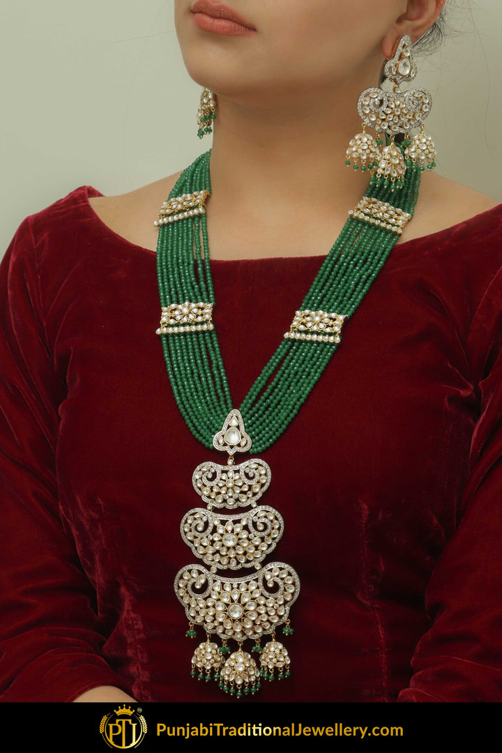 Amaya Gold Finished Emerald Kundan Long Crystal Necklace Set With Tikka | Punjabi Traditional Jewellery Exclusive