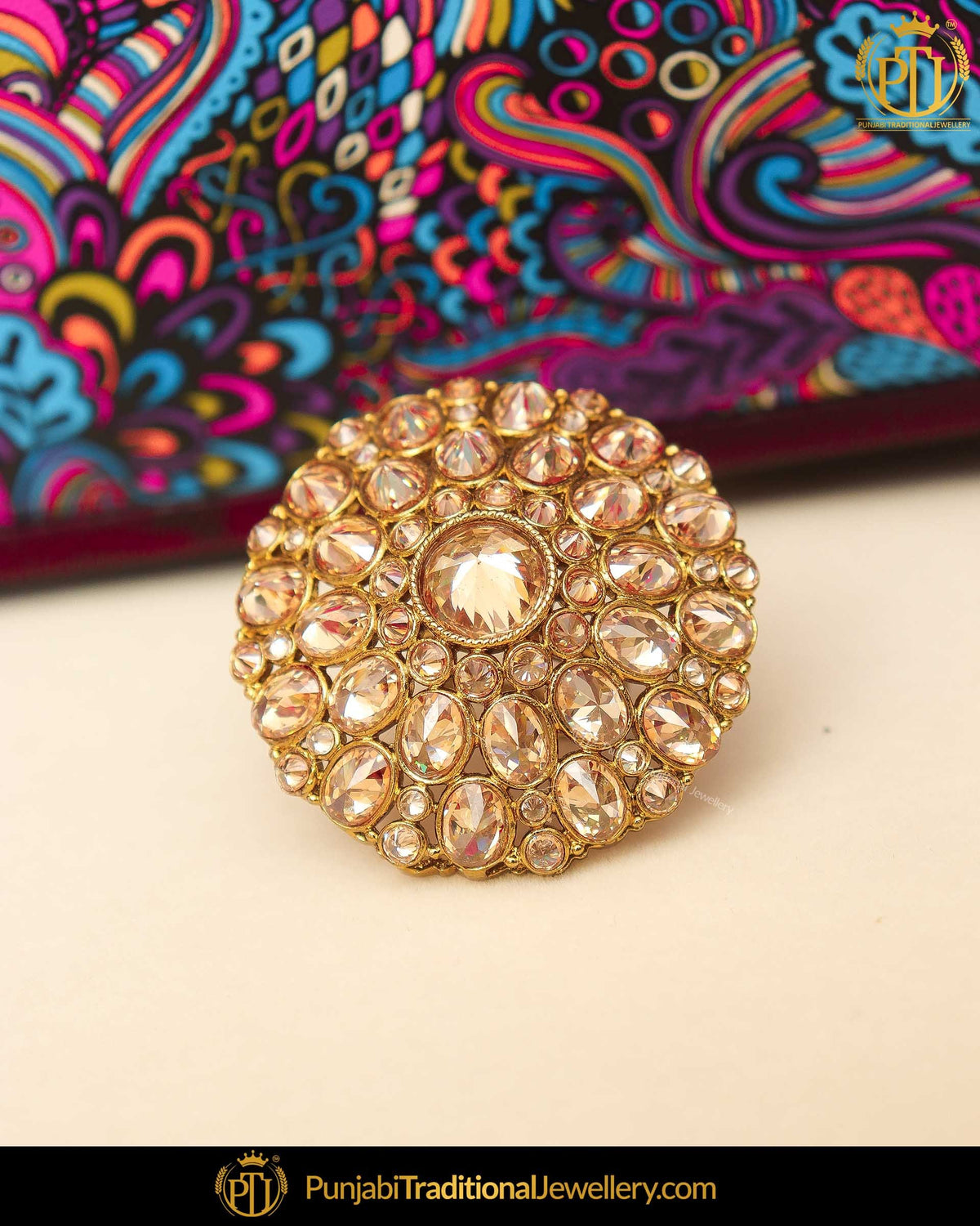 Gold Finished Champagne Stone Ring | Punjabi Traditional Jewellery Exclusive