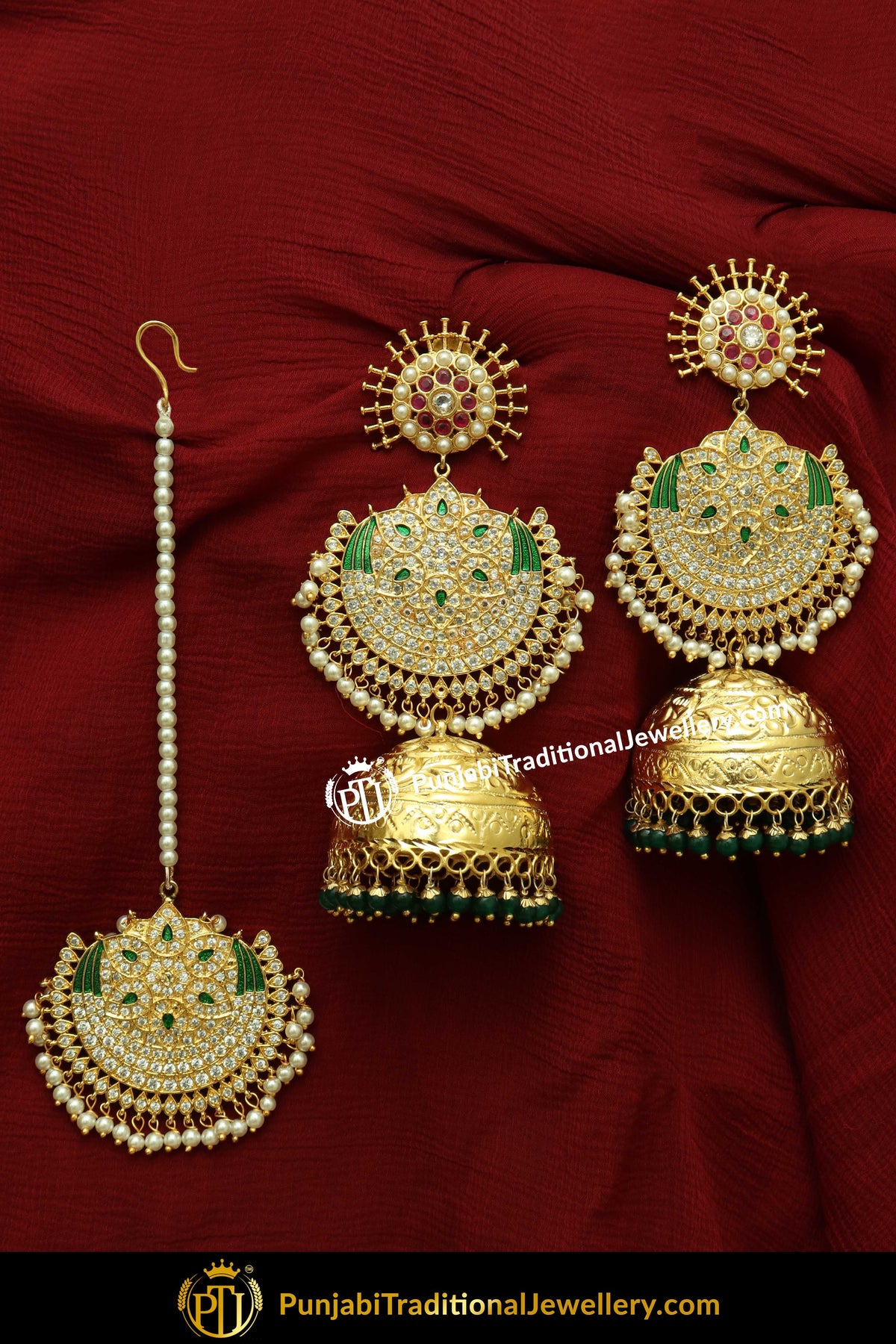 Gold Finished Green Earring Tikka Set | Punjabi Traditional Jewellery Exclusive