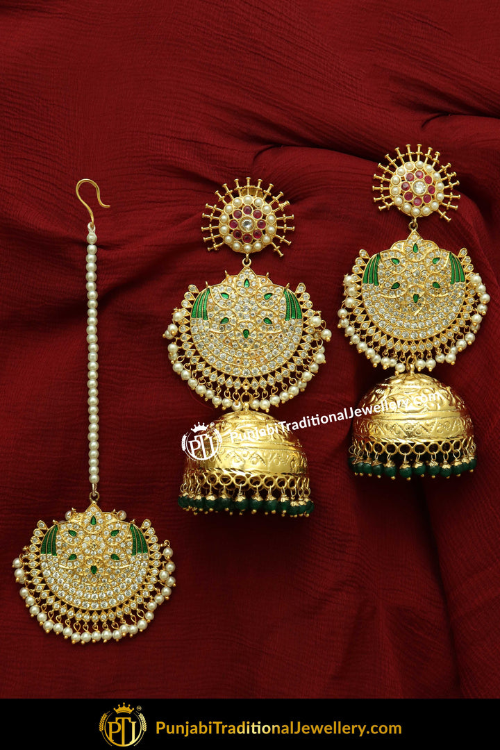 Gold Finished Green Earring Tikka Set | Punjabi Traditional Jewellery Exclusive