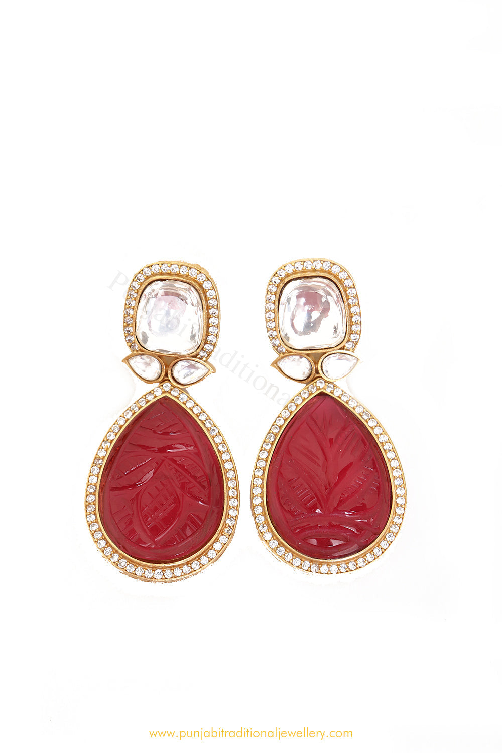 Gold Finished Rubby Fusion Kundan Earrings by PTJ
