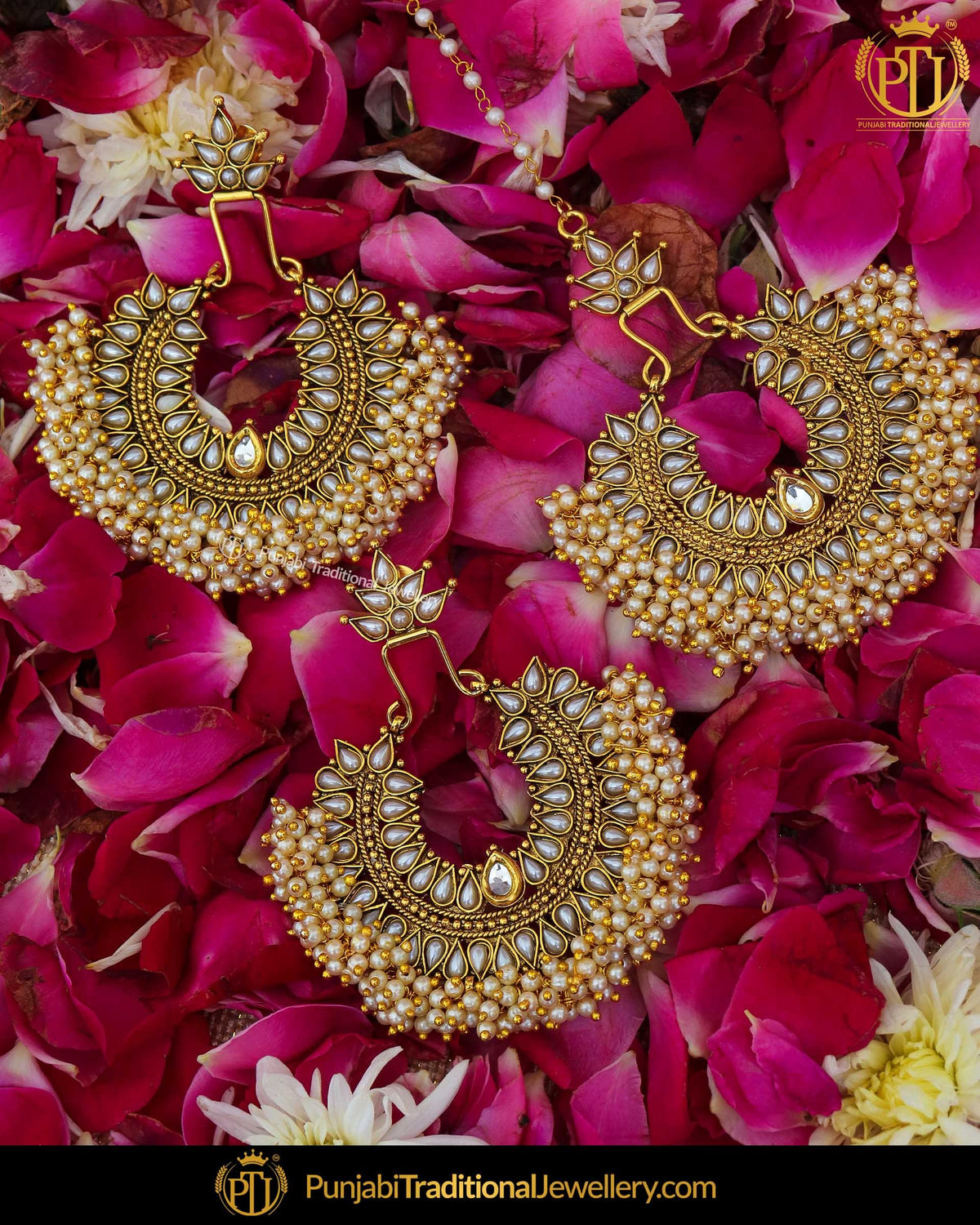Antique Gold Finished Polki Earrings & Tikka By Punjabi Traditional Jewellery
