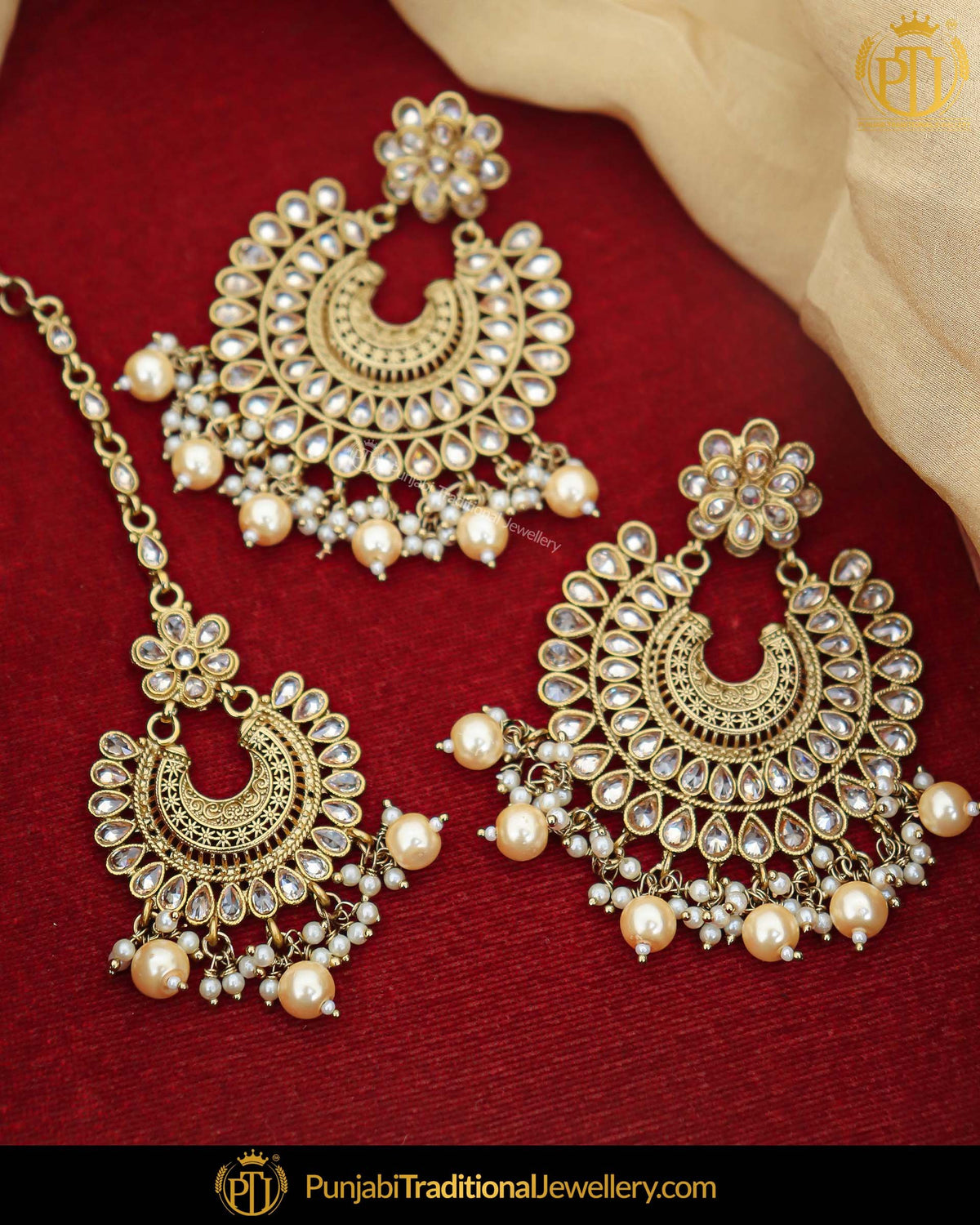 Antique Gold Finished Pearl Champagne Stone Earring Tikka Set | Punjabi Traditional Jewellery Exclusive