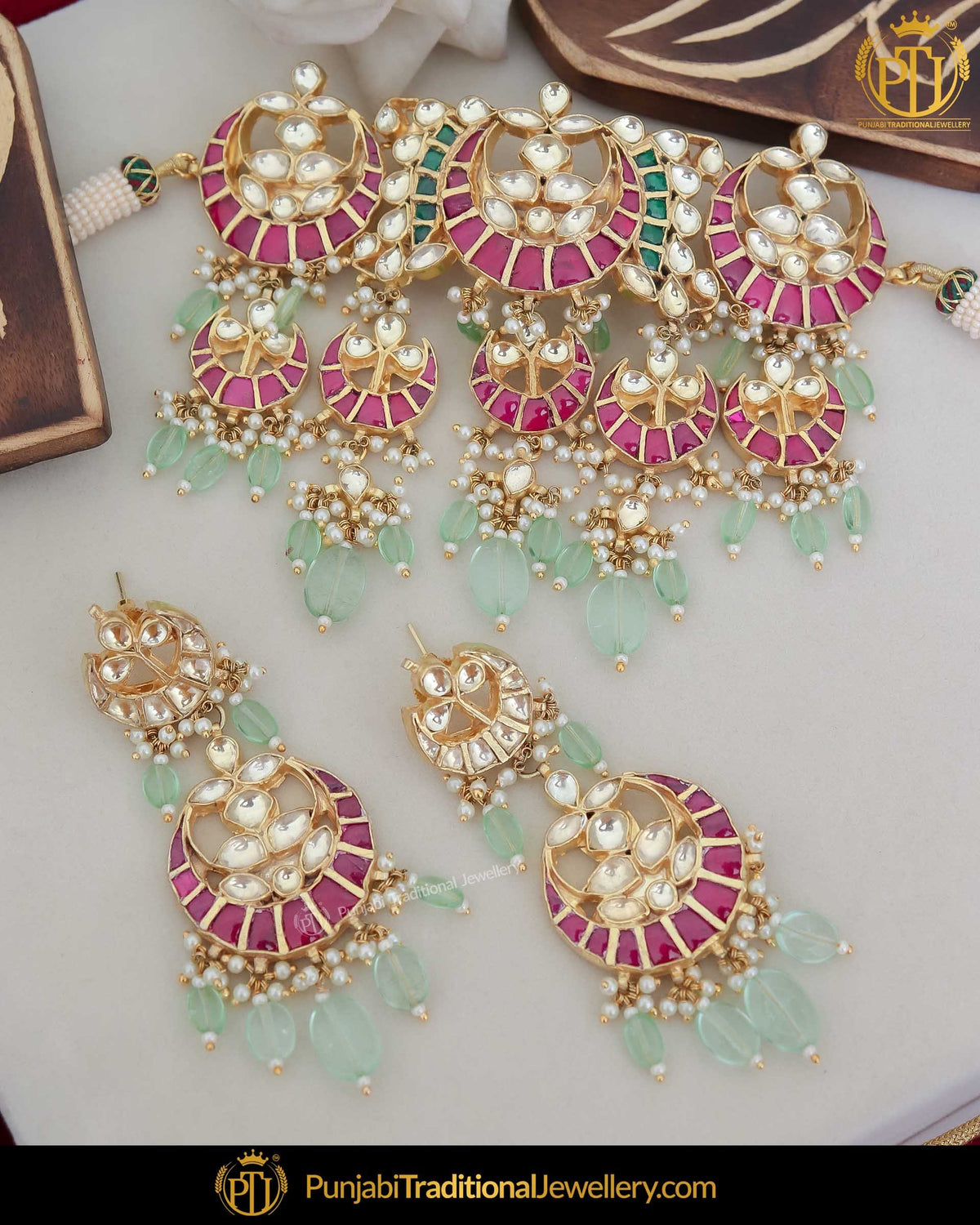 Gold Finished Kundan New Jade  Rubby Pearl Bridal Necklace Set | Punjabi Traditional Jewellery Exclusive