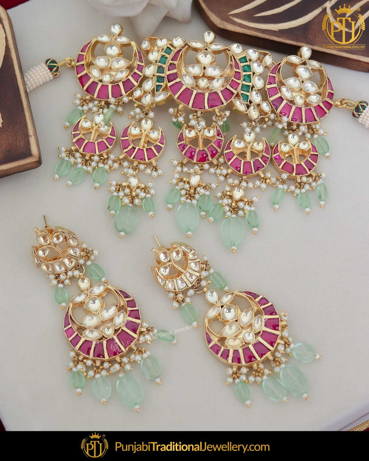 Gold Finished Kundan New Jade  Rubby Pearl Bridal Necklace Set | Punjabi Traditional Jewellery Exclusive