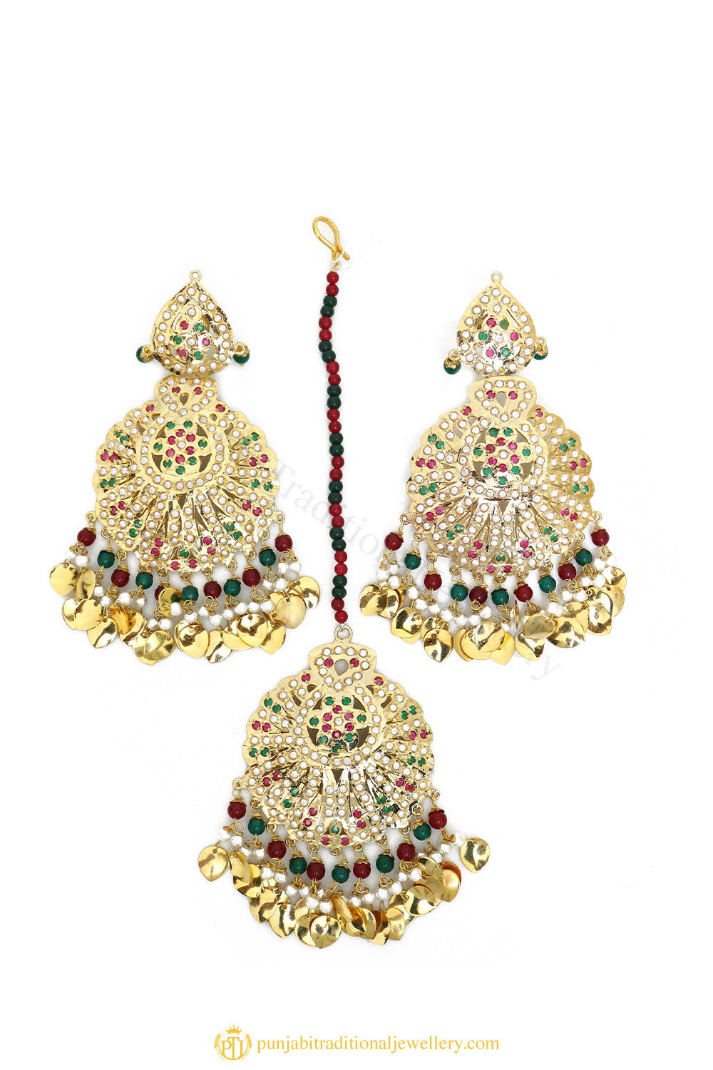Gold Finished Earrings & Tikka Set by PTJ