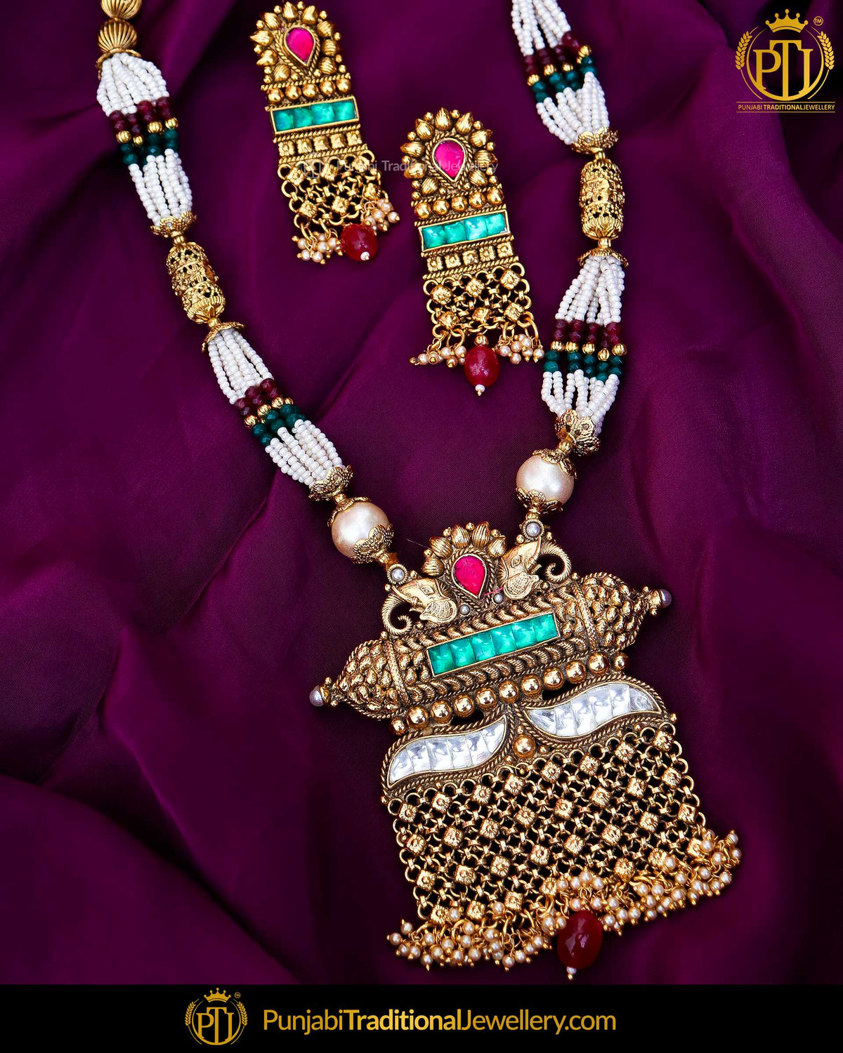 Antique Gold Finished Kundan Stone Rubby Emerald Pearl Johda Necklace Set  | Punjabi Traditional Jewellery Exclusive