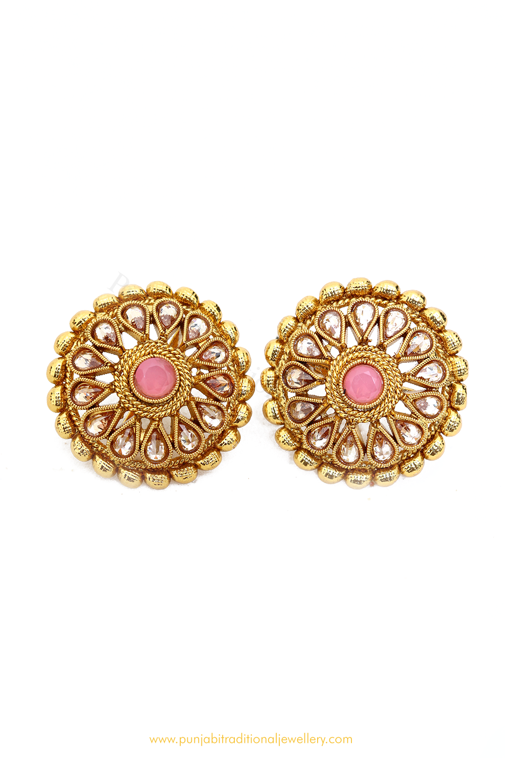 Antique Gold Finished Pink Polki Studs By PTJ