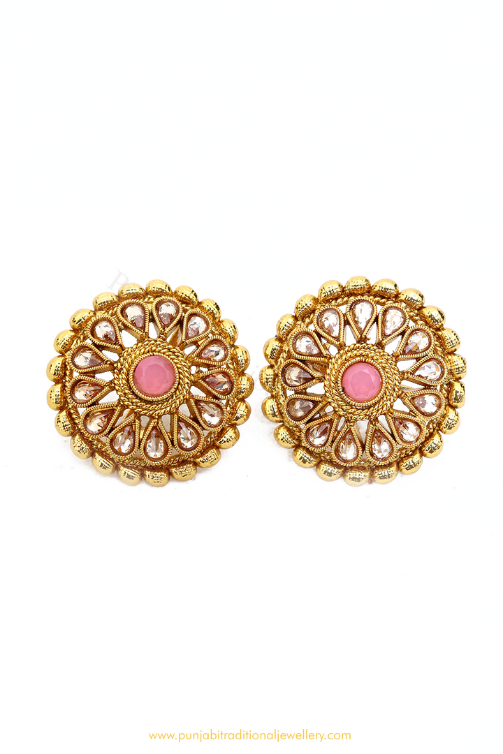 Antique Gold Finished Pink Polki Studs By PTJ