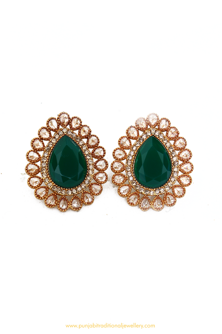 Antique Gold Finished Green Polki Studs By PTJ