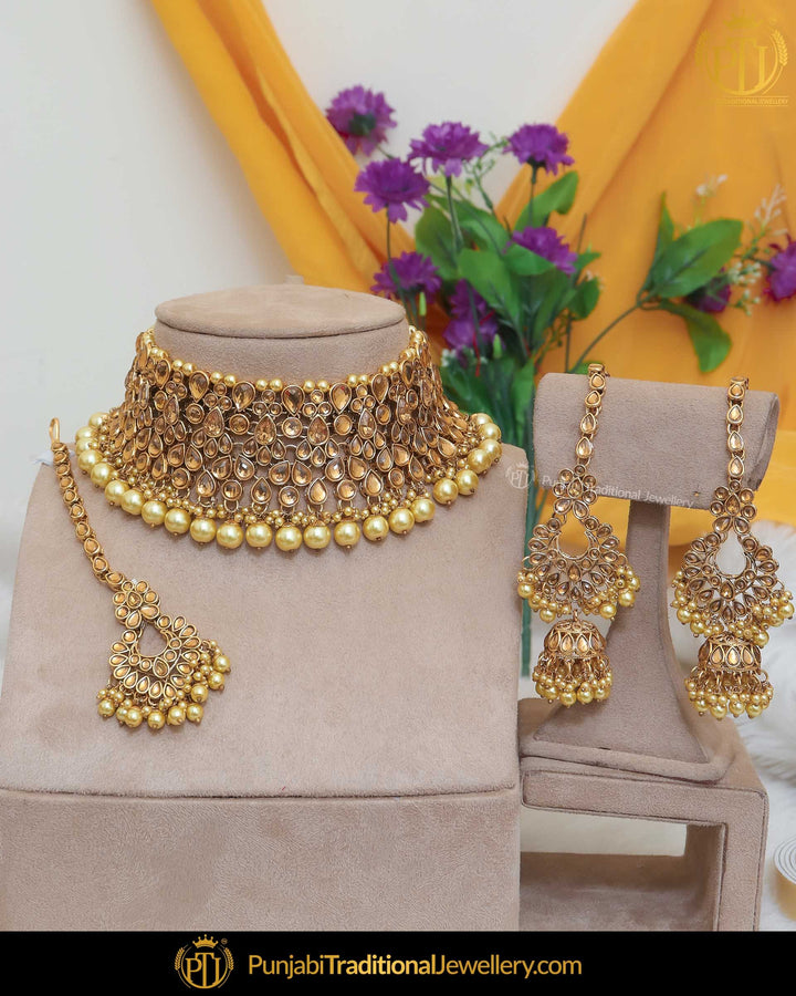 Gold Finished Kundan Pearl Choker Necklace Set | Punjabi Traditional Jewellery Exclusive