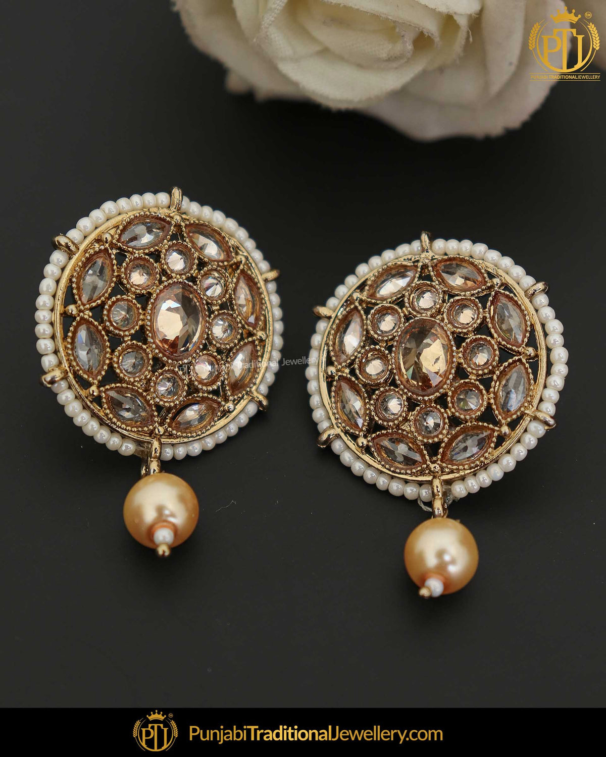 Gold Finished Champagne Stone Pearl Stud Earrings | Punjabi Traditional Jewellery Exclusive