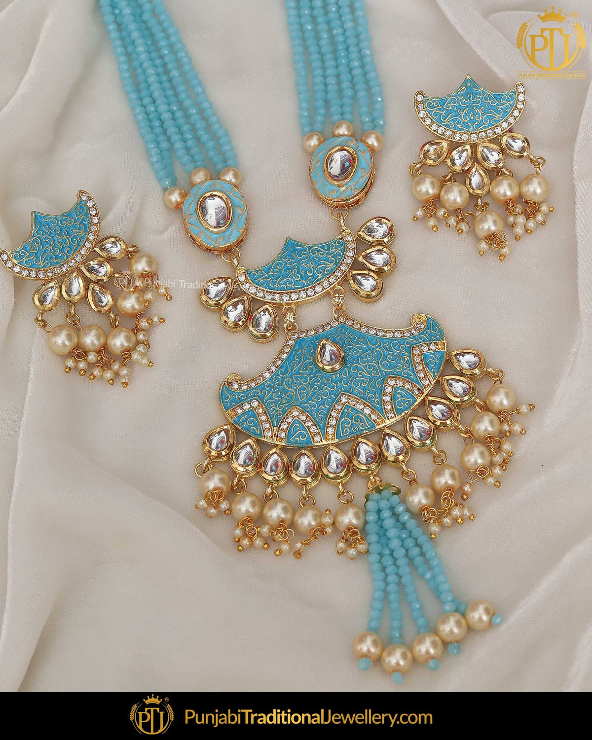 Gold Finished Firozi Kundan Long Pearl Necklace Set | Punjabi Traditional Jewellery Exclusive