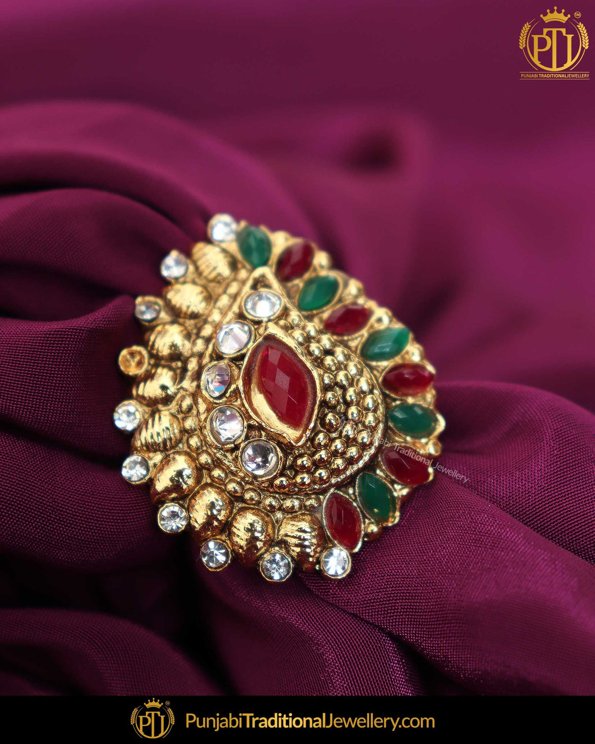 Gold Finished Rubby Emerald Kundan Ring | Punjabi Traditional Jewellery Exclusive