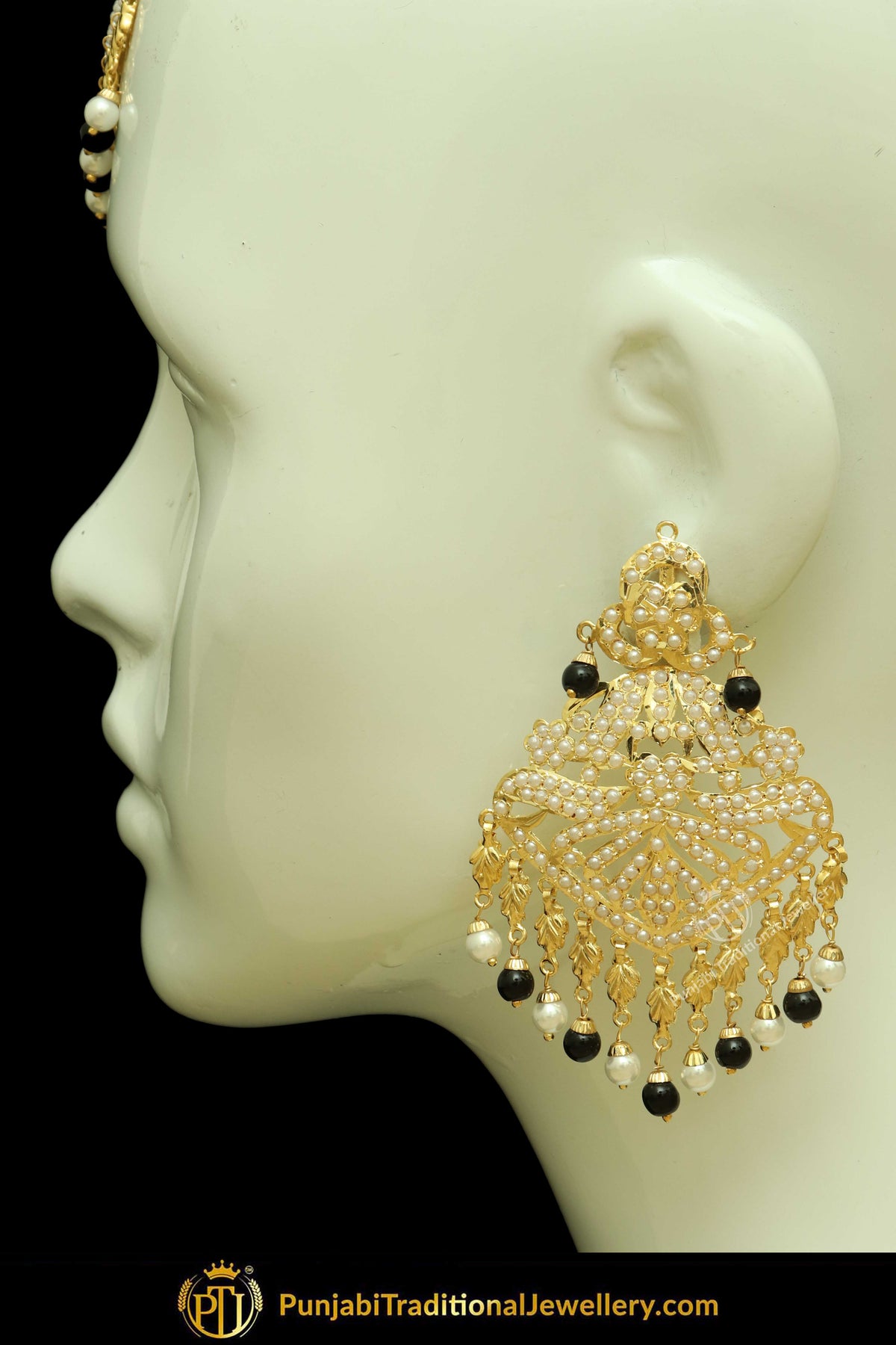 Gold Finished White & Black Jadau Pearl Earring Tikka Set | Punjabi Traditional Jewellery Exclusive