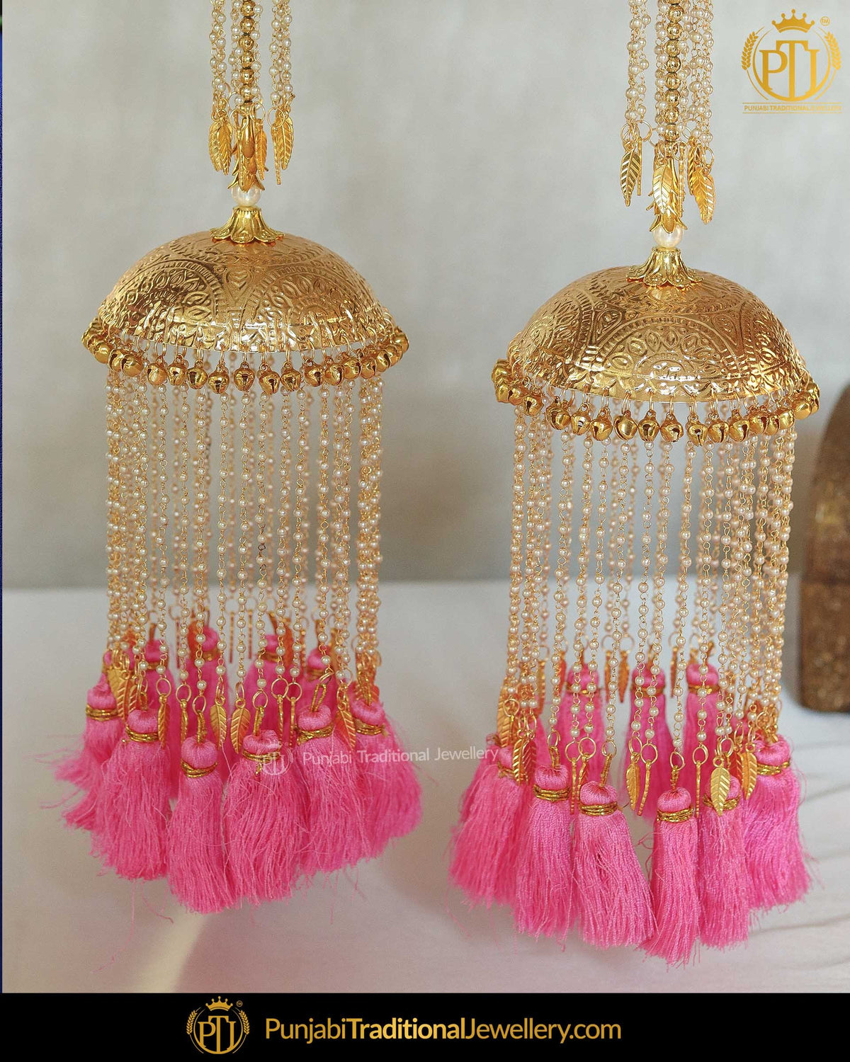 Gold Finished Pink Tessal Pippal Patti Pearl Kalire | Punjabi Traditional Jewellery Exclusive