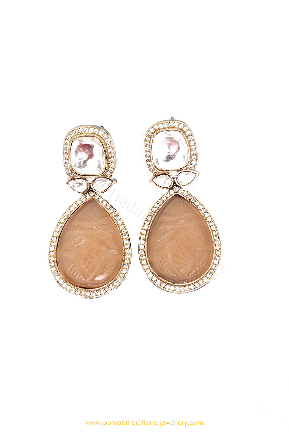 Gold Finished Peach Fusion Kundan Earrings by PTJ
