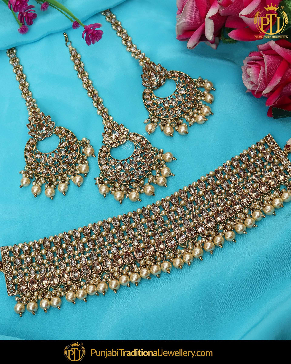 Gold Finished Champagne Stone Pearl Choker Necklace Set | Punjabi Traditional Jewellery Exclusive