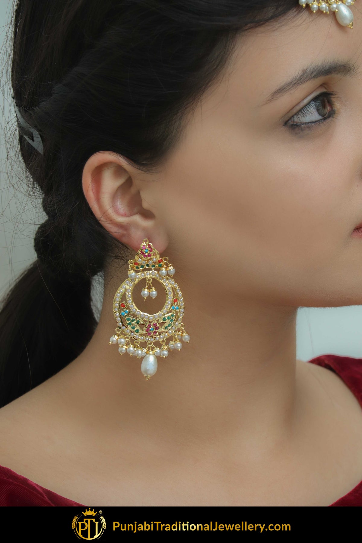Ghaneemah Gold Finished Navratan Jadau Choker Set, Earrings With Tikka | Punjabi Traditional Jewellery Exclusive