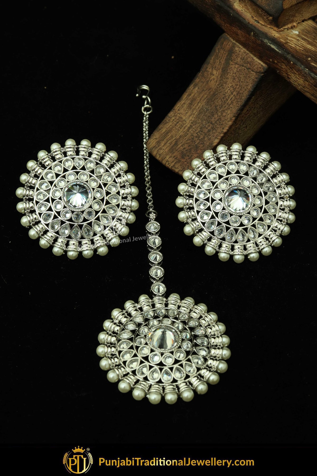 Silver Finished Polki Stone Oversized Stud Earrings & Tikka Set By Punjabi Traditional Jewellery
