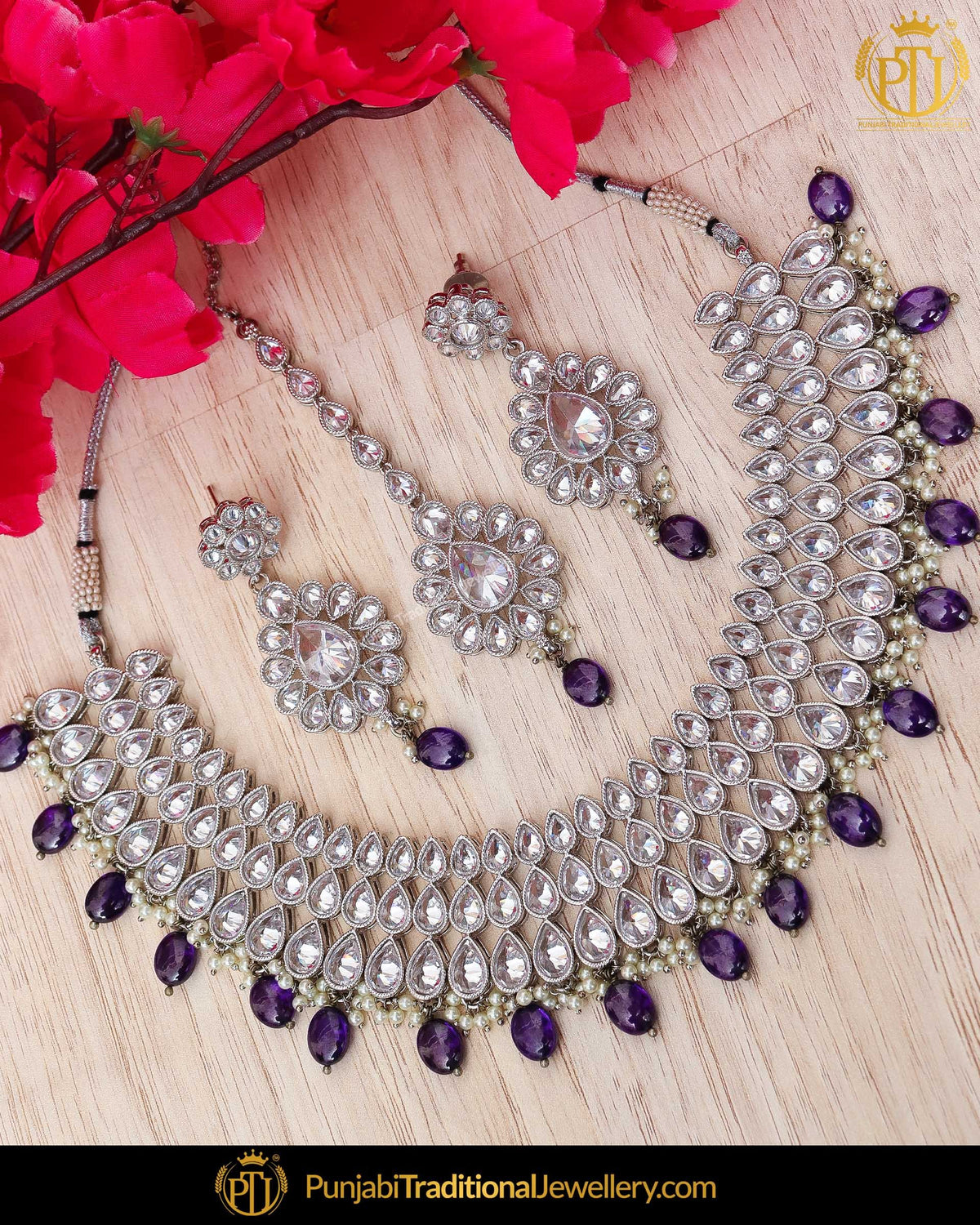 Silver Finished Pearl Polki Blue Necklace Set | Punjabi Traditional Jewellery Exclusive