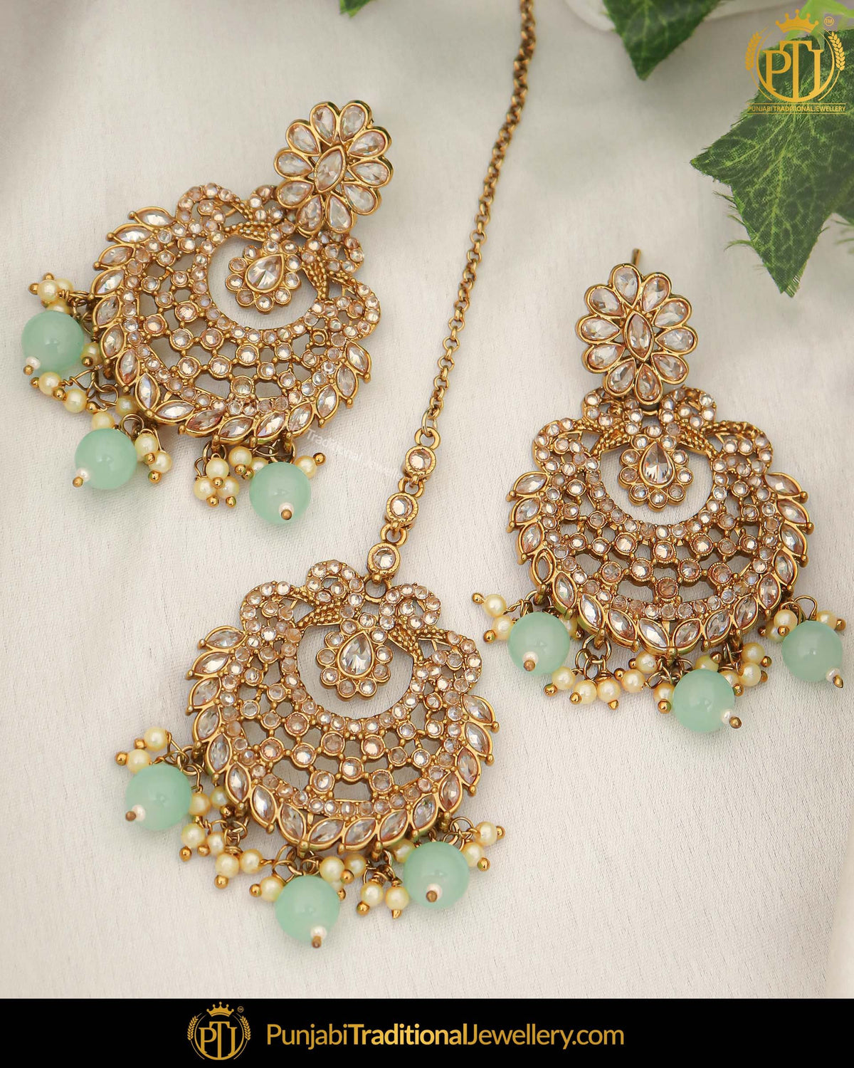 Antique Gold Finished Firozi Pearl Champagne Stone Earring Tikka Set | Punjabi Traditional Jewellery Exclusive