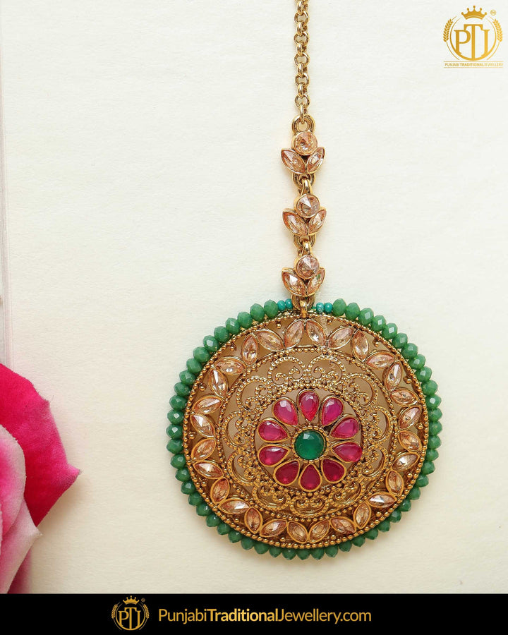 Gold Finished Rubby Emerald Champagne Stone Tikka | Punjabi Traditional Jewellery Exclusive