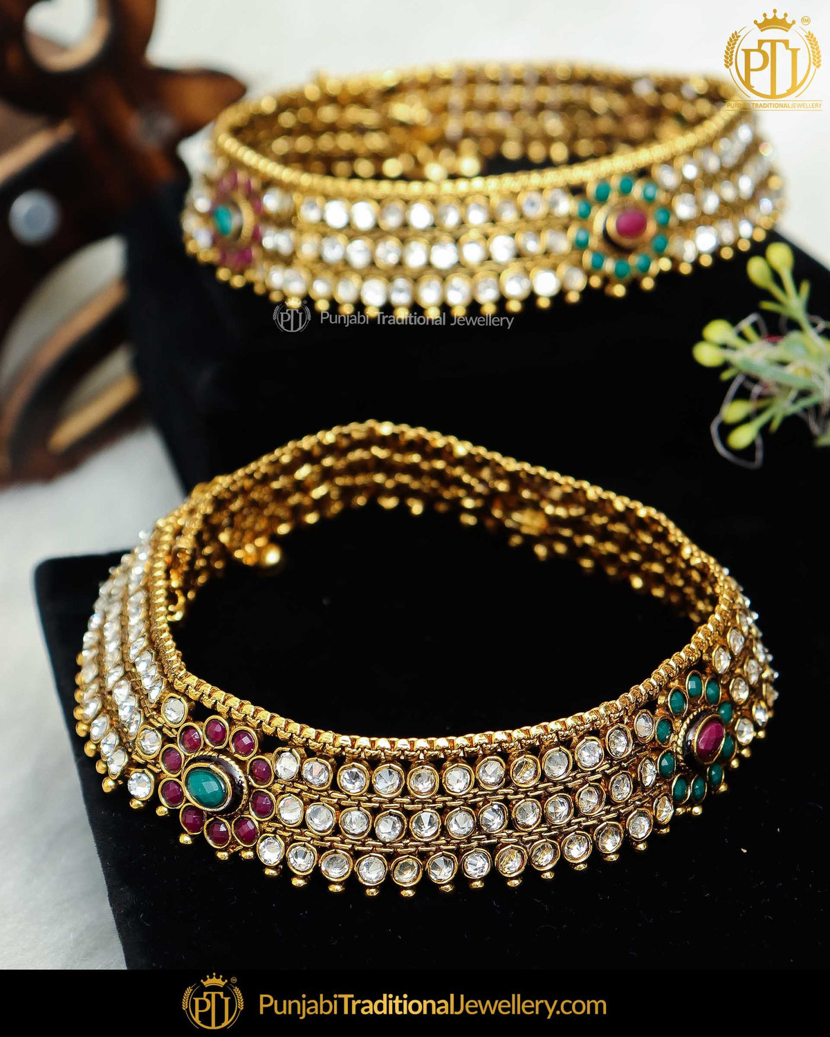 Gold Finished Jerkan Rubby Emerald Payal | Punjabi Traditional Jewellery Exclusive