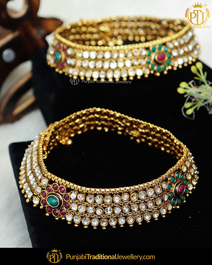 Gold Finished Jerkan Rubby Emerald Payal | Punjabi Traditional Jewellery Exclusive
