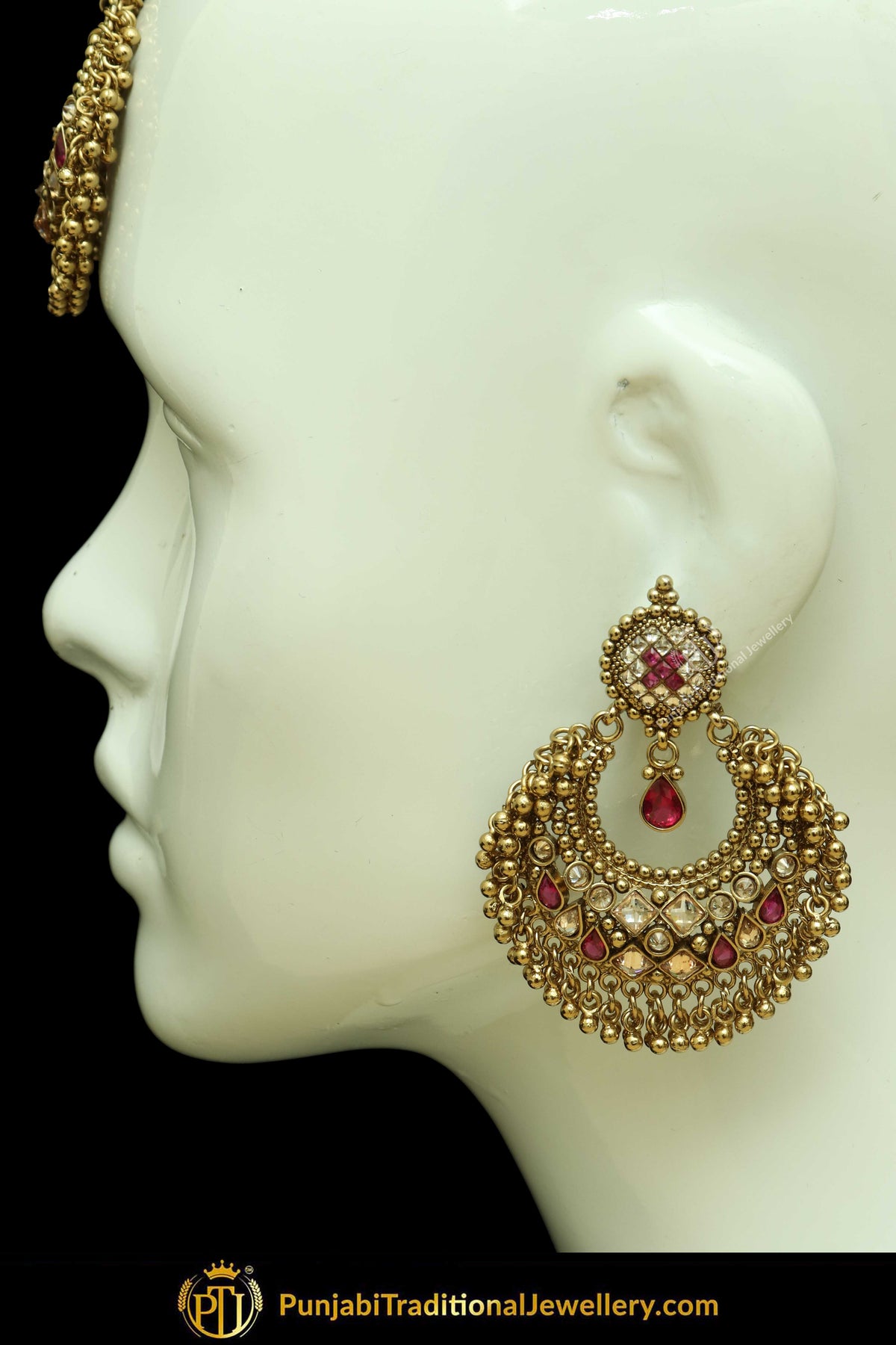 Antique Gold Finised Champagne Stone Pink Earring Tikka Set By Punjabi Traditional Jewellery