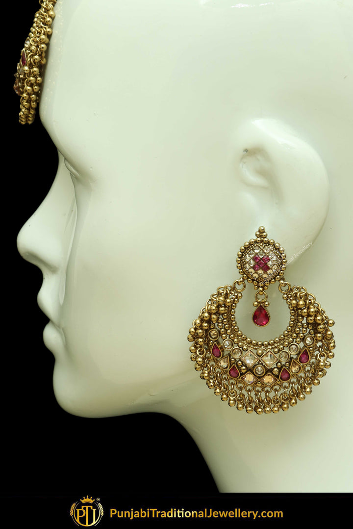 Antique Gold Finised Champagne Stone Pink Earring Tikka Set By Punjabi Traditional Jewellery
