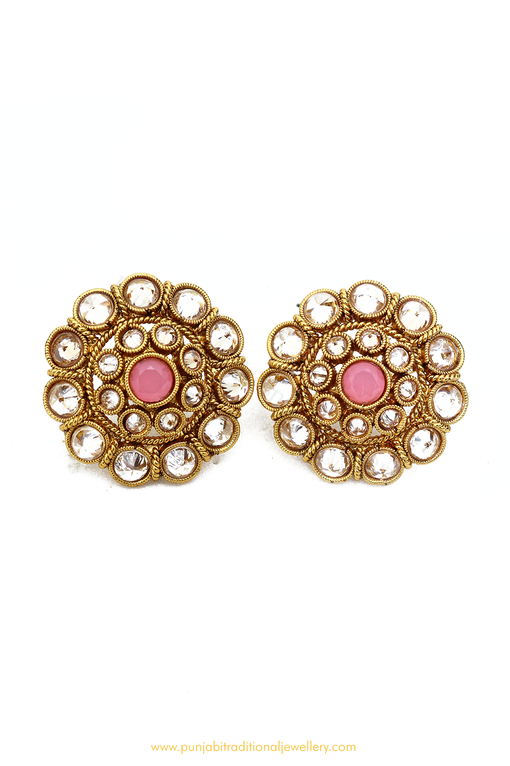 Antique Gold Finished Pink Polki Studs By PTJ