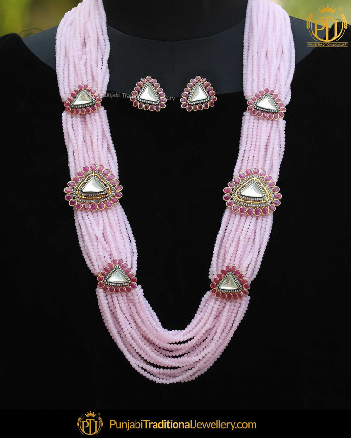 Gold Finished Pink Kundan Long Pearl Necklace Set | Punjabi Traditional Jewellery Exclusive