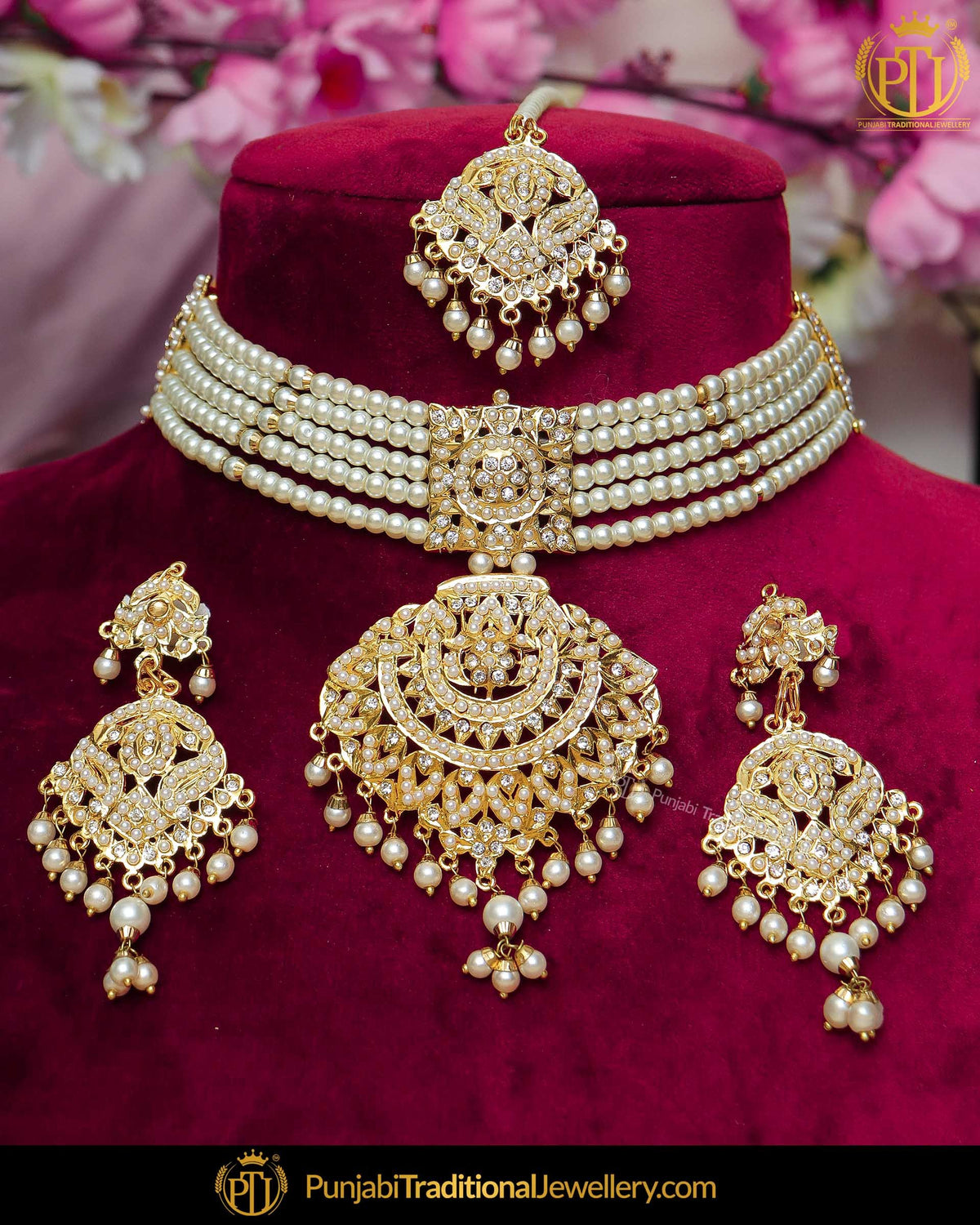 Gold Finished Jadau Pearl Necklace Set | Punjabi Traditional Jewellery Exclusive