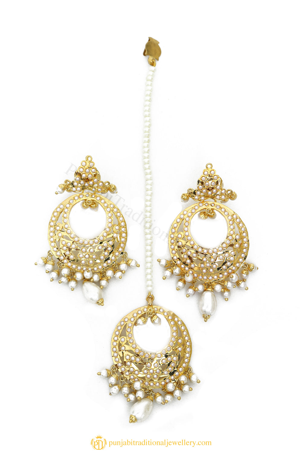 Gold Finished Earrings & Tikka Set by PTJ