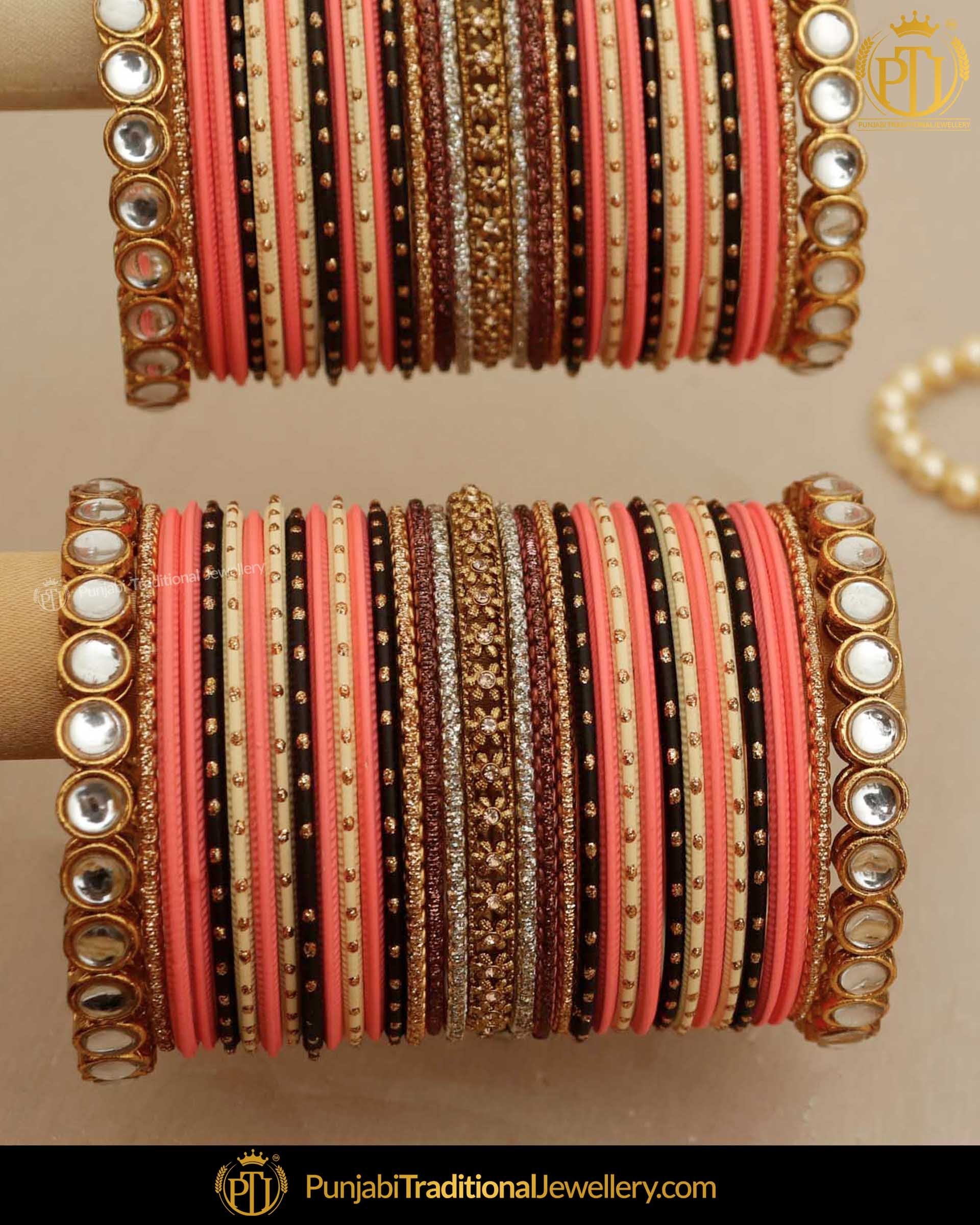Peach & Black Kundan (For Both Hands) Bangles Set | Punjabi Traditional Jewellery Exclusive