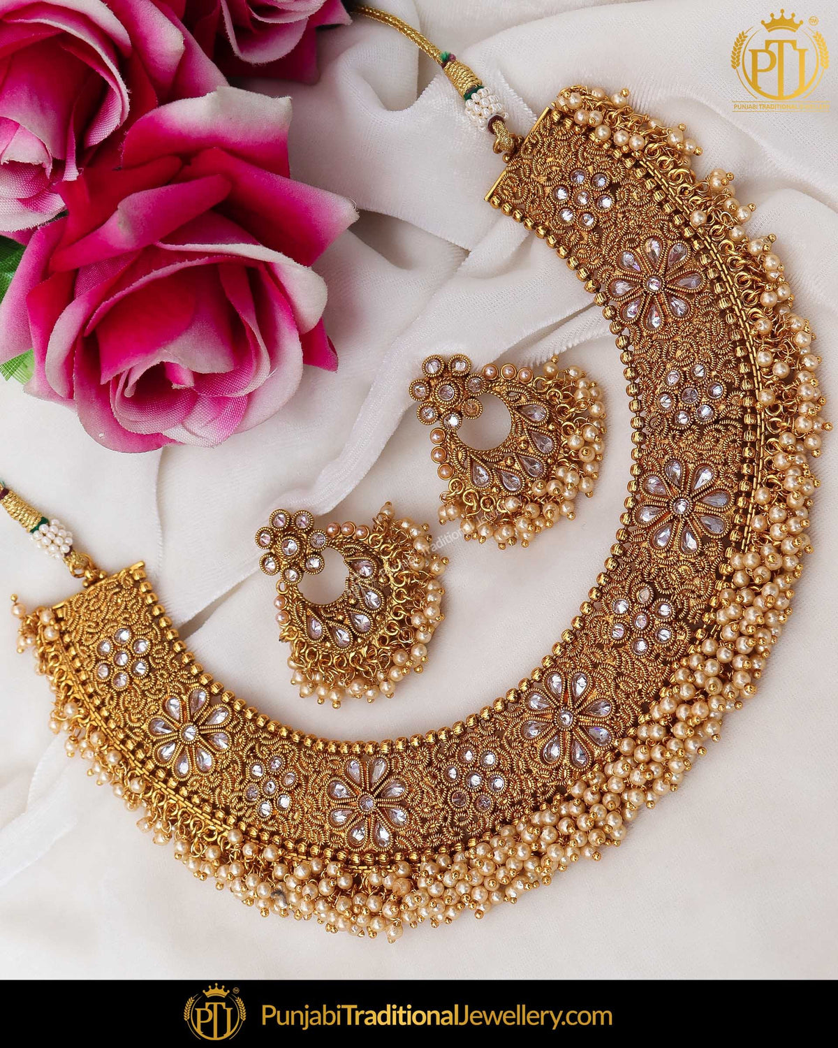 Antique Gold Finished Pearl Polki Necklace Set | Punjabi Traditional Jewellery Exclusive