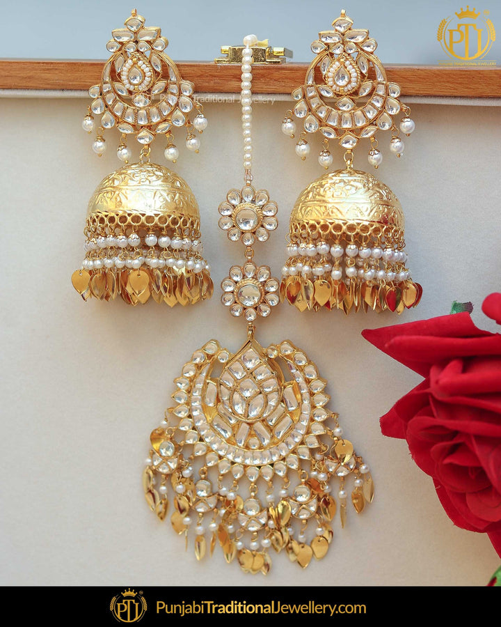 Gold Finished Kundan Pippal Patti Earring Tikka Set | Punjabi Traditional Jewellery Exclusive
