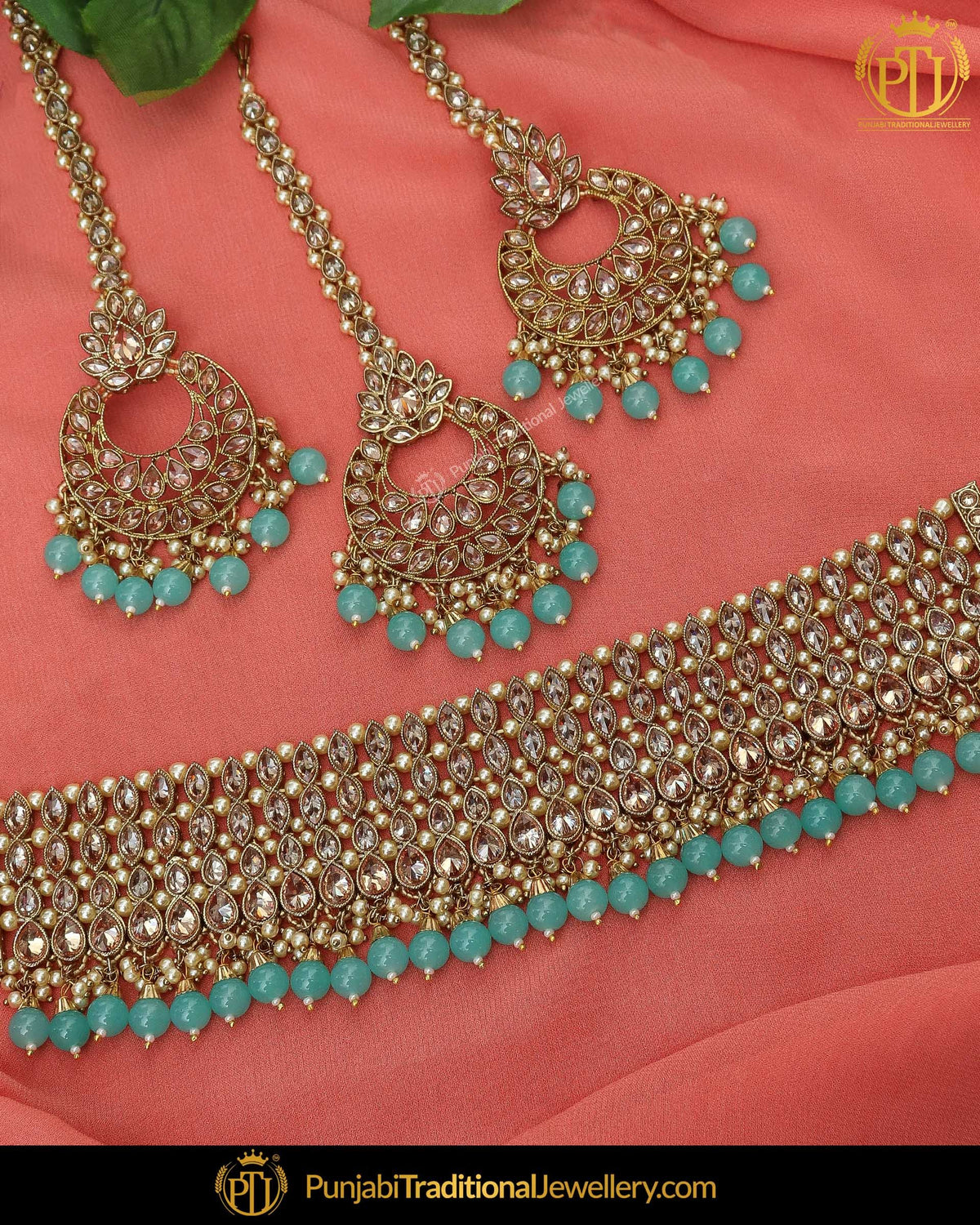 Gold Finished Champagne Stone Firozi Pearl Choker Necklace Set | Punjabi Traditional Jewellery Exclusive